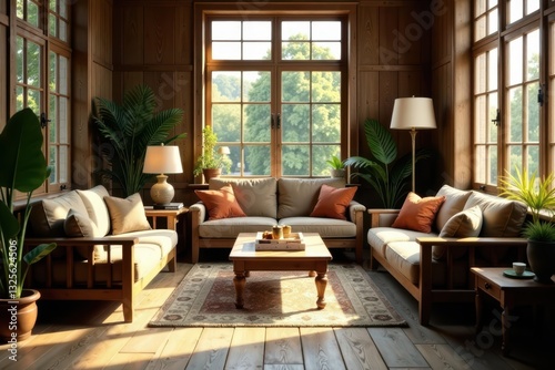 Serene living room with wooden furniture, large windows, and natural light illuminating the space