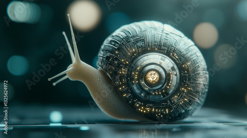 Cyber Snail: An intricate, surreal depiction of a snail, its shell transformed into a circuit board, crawling on a digital surface. The scene blends technology and nature.