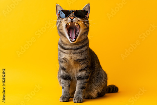 Gray Cat Wearing Sunglasses Yawning Against a Yellow Background