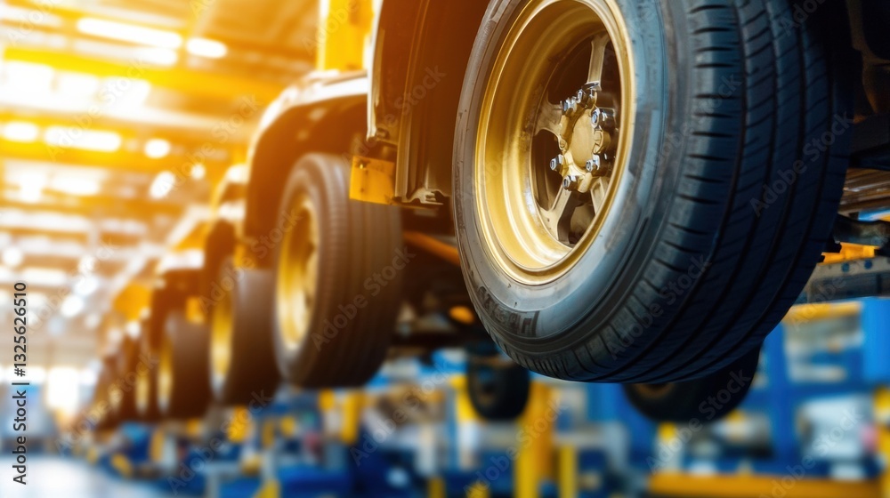 Fototapeta premium Close Up of a Large Truck Tire on an Assembly Line in a Factory