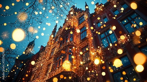 Festive building adorned with twinkling Christmas lights at night.