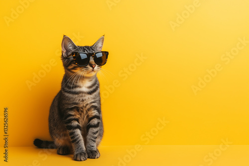 Gray Cat Wearing Sunglasses Against a Yellow Background