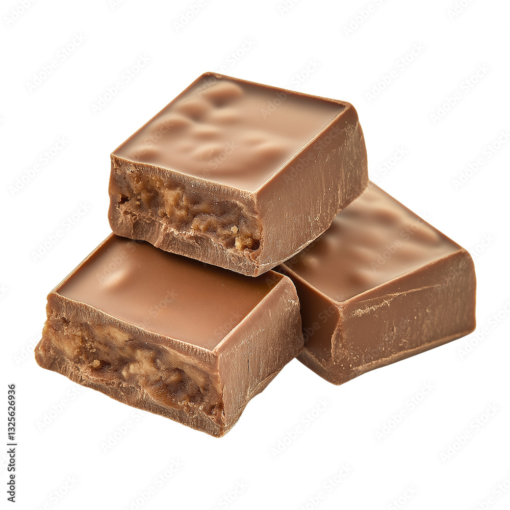Pile of three pieces of chocolate, isolated on a transparent background, close-up view Pile of three pieces of chocolate, isolated on a transparent background, close-up view