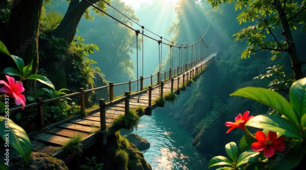 Fototapeta premium Wooden Suspension Bridge Across Lush Jungle River Gorge at Dawn