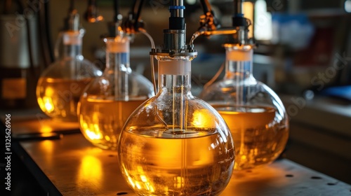 Laboratory glassware filled with amber liquid on a lab bench