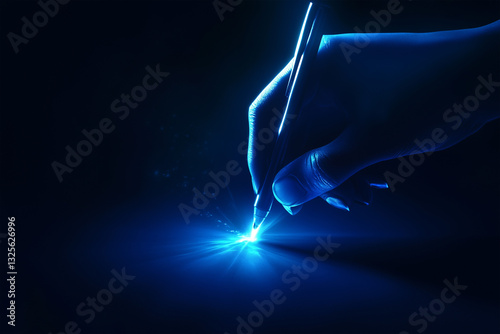 Hand Writing Using a Ballpen with Glowing Tip, Blue, AI Writing