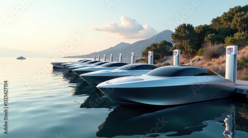 A fleet of sleek, futuristic electric boats docked at a serene waterfront, charging at individual stations under a tranquil sunset sky