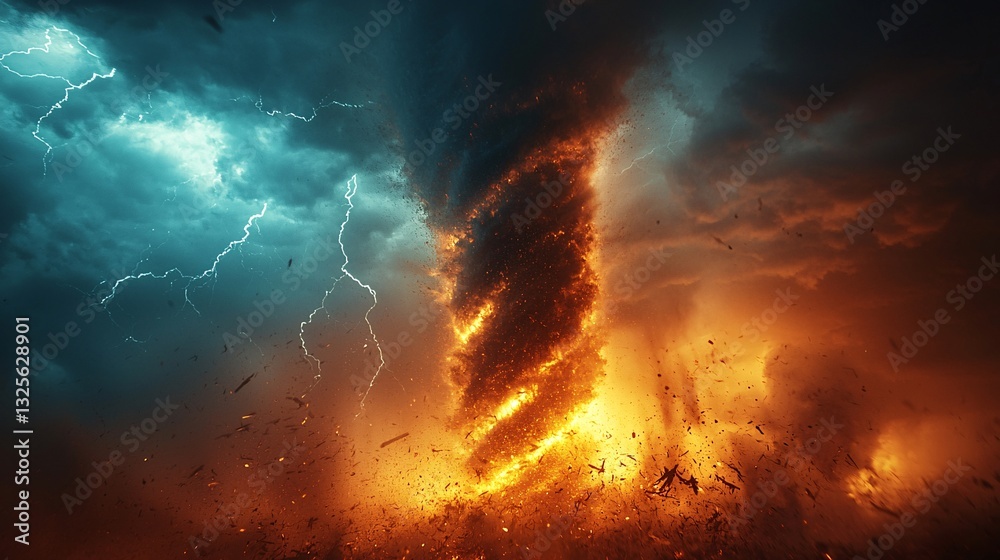 Fototapeta premium Dramatic Tornado with Lightning and Fiery Clouds in Stormy Sky