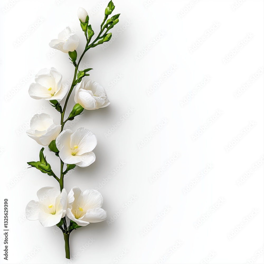 Fototapeta premium Delicate White Flowers on a Branch Against a White Background
