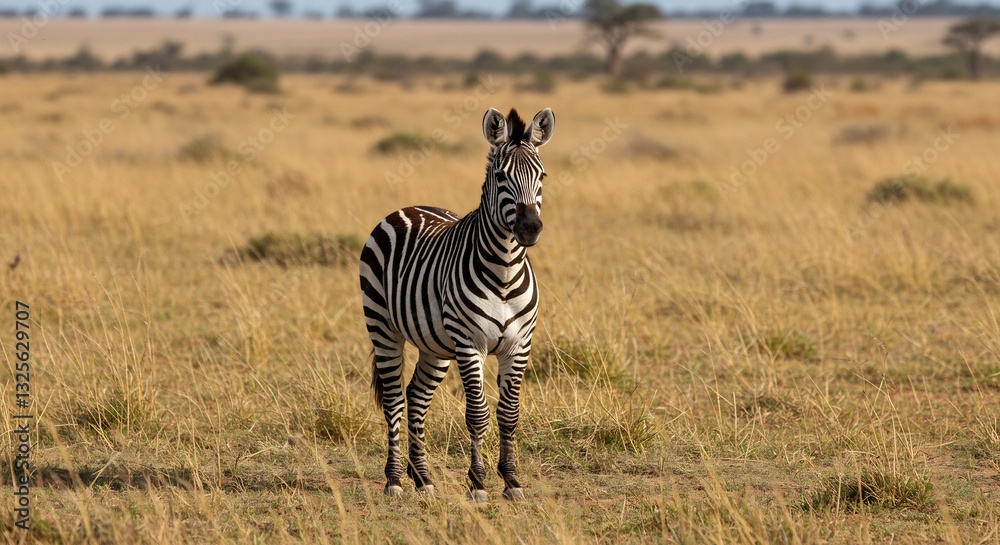 Obraz premium 草原に立つシマウマ 夕陽輝く草原 穏やかな表情. AI Generated
