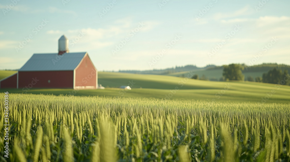 Red Barn in the Wheat Field: A classic red barn sits gracefully amidst a vast wheat field under a bright blue sky, evoking feelings of rural charm and agricultural abundance. Red Barn in the Wheat Field: A classic red barn sits gracefully amidst a vast wheat field under a bright blue sky, evoking feelings of rural charm and agricultural abundance.