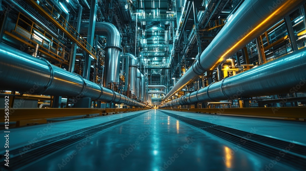 Obraz premium The interior view depicts large metal pipes in an industrial plant
