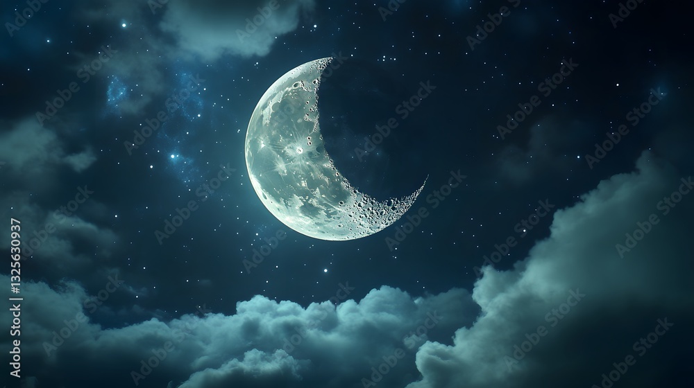 Fototapeta premium Crescent Moon Night Sky: A Serene Celestial View