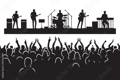 Excited Concert Crowd Silhouette with Band Performance Illustration