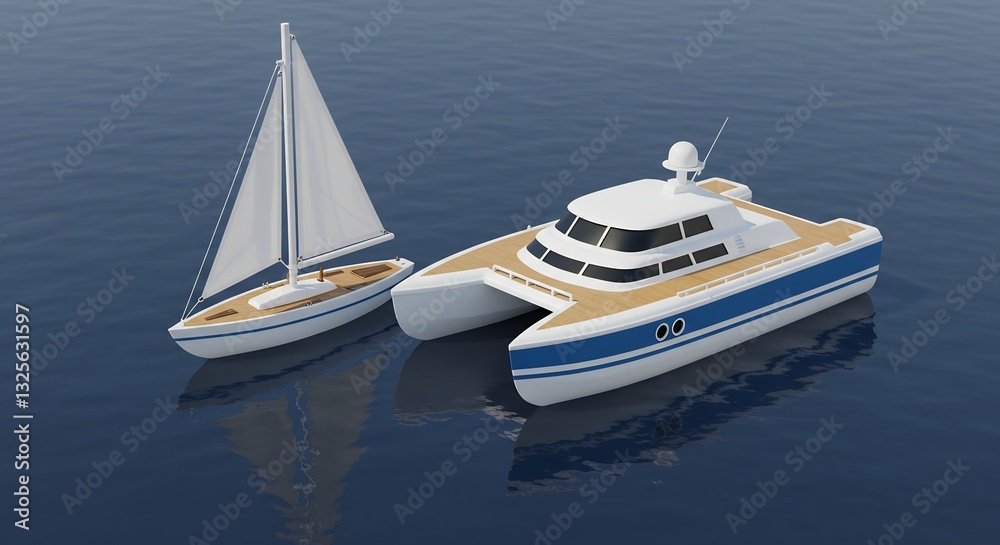 Fototapeta premium 穏やか日差し輝く海面 小型ヨットと豪華カタマラン 優雅な航海. AI Generated