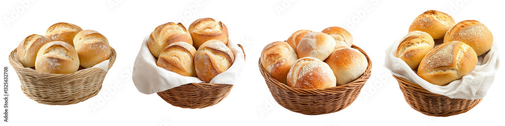 Assorted freshly baked bread rolls buns and pastries displayed in wicker baskets on a plain white background  The variety of golden warm