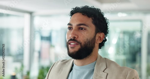 Thinking, ambitious and businessman in office, smile and planning for career growth in marketing agency. Reflection, ideas and person with inspiration for opportunity, media buyer and contemplating