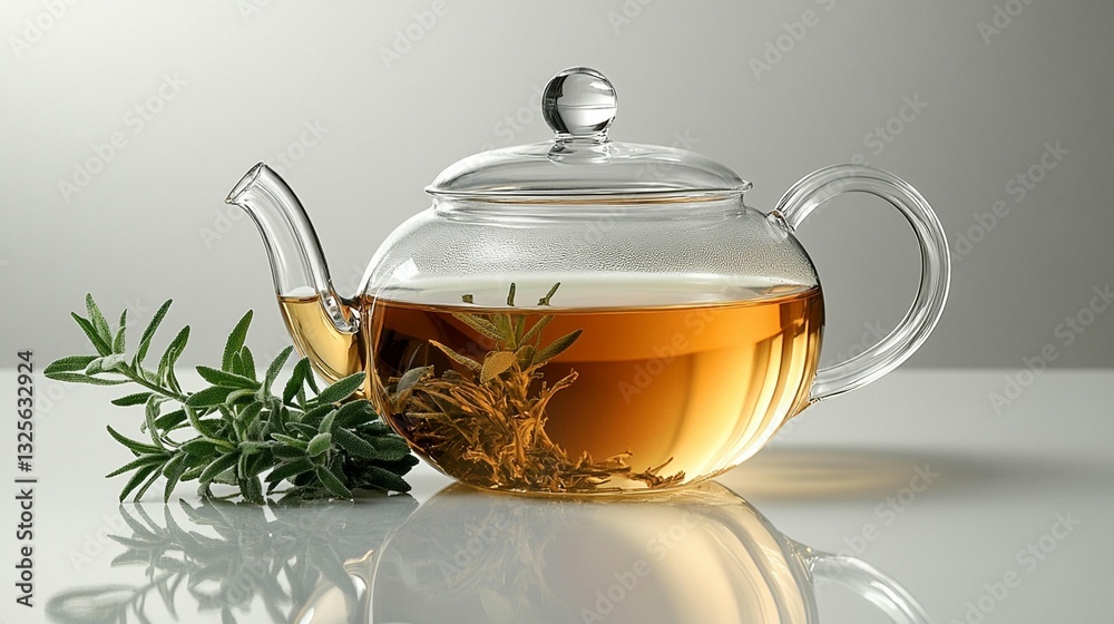 Glass teapot with brewed herbal tea and fresh rosemary sprig on a white surface. Glass teapot with brewed herbal tea and fresh rosemary sprig on a white surface.