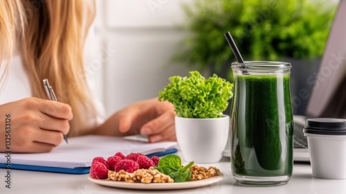 Healthy lifestyle: green smoothie and fresh fruits near focused young caucasian female writing