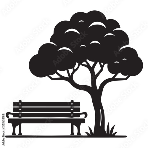 Park Bench Under a Tree Silhouette Vector Peaceful Outdoor Scene