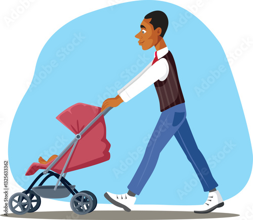 Father of Black Ethnicity Pushing a Stroller Vector Cartoon. Dad walking his infant outdoors in a perambulator 
