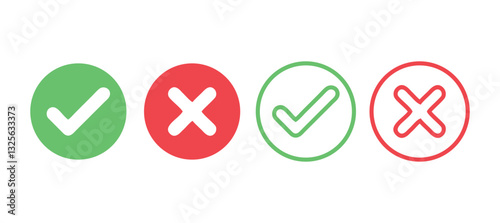 Green check mark and red cross icon. Yes-No, Approved-Disapproved, Accepted-Rejected, Right-Wrong, Green-Red, Ok-Not Ok. Vector illustration