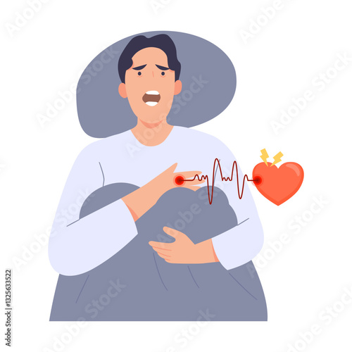Man touching pulse for chest stress with a disorder heart, patient risk disease cardiac. problem cardiology sudden. symptom panic. Flat vector illustration.