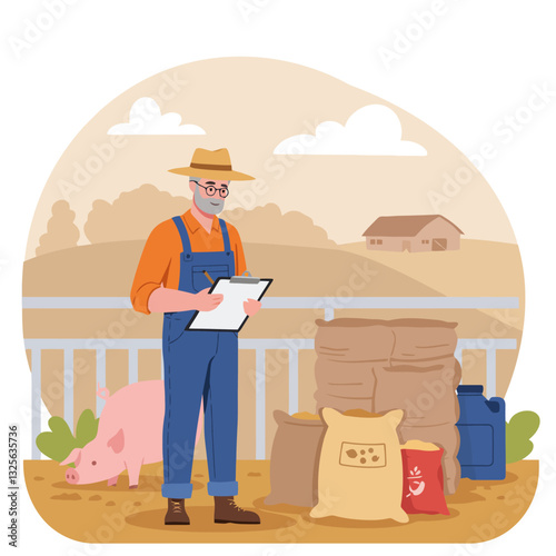 Farmer Checking Livestock Feed Inventory on Farm with Pig