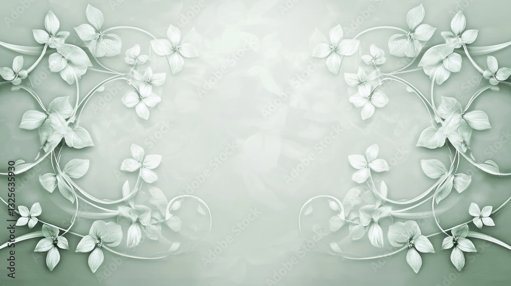 Elegant, pale green floral design. Symmetrical flowering vines frame a soft background. Elegant, pale green floral design. Symmetrical flowering vines frame a soft background.