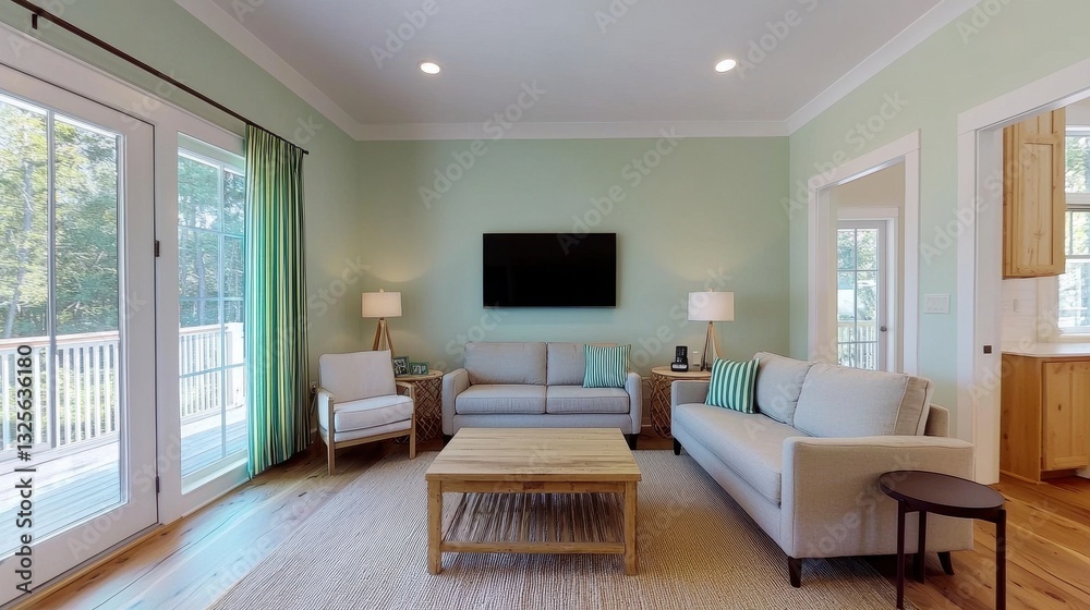 Fototapeta premium A bright, modern living room featuring a green wall, comfortable seating, and large windows allowing natural light.