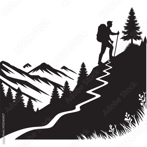 Hiking Adventure Silhouette Vector Graphic Climbing Mountain Trail Design
