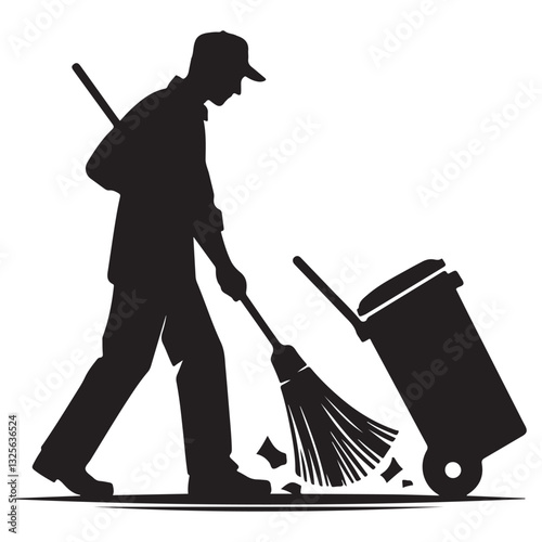 Silhouette of street cleaner sweeping the road with trash can