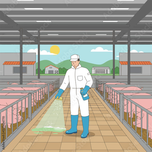 Worker Disinfecting Pig Farm with Spray to Maintain Hygiene Standards