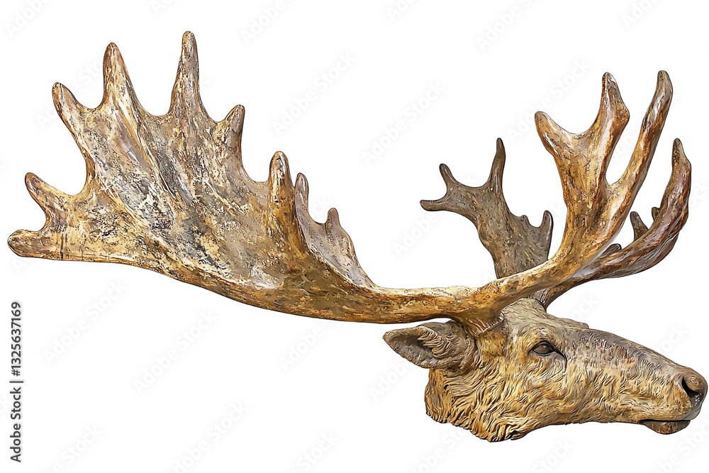 Realistic sculpture of a majestic moose head with impressive antlers, showcasing detailed craftsmanship on a white isolated background. Realistic sculpture of a majestic moose head with impressive antlers, showcasing detailed craftsmanship on a white isolated background.