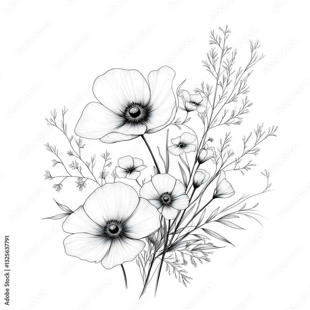 Fototapeta premium A gentle hand-drawn sketch captures delicate flowers in full bloom, surrounded by intricate foliage, evoking a sense of tranquility and appreciation for nature's artistry