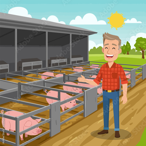 Smiling Farmer Near Pig Farm with Happy Pigs in Pens