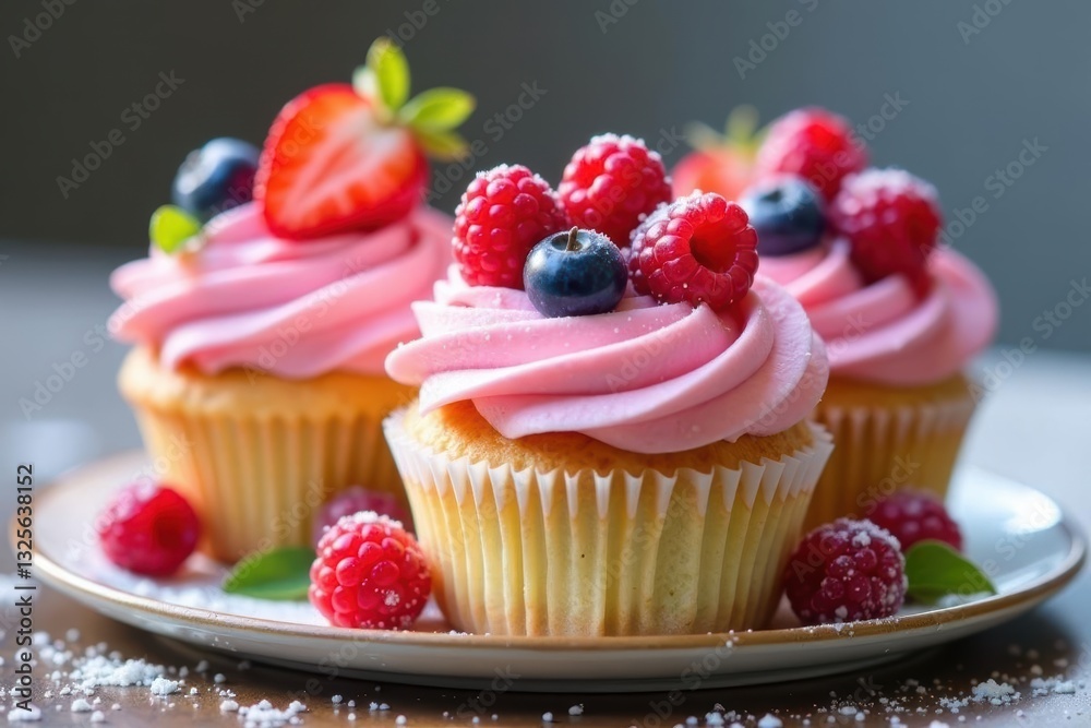 Delightful Pink Frosting Cupcakes Topped with Fresh Berries and a Light Dusting of Powdered Sugar Delightful Pink Frosting Cupcakes Topped with Fresh Berries and a Light Dusting of Powdered Sugar