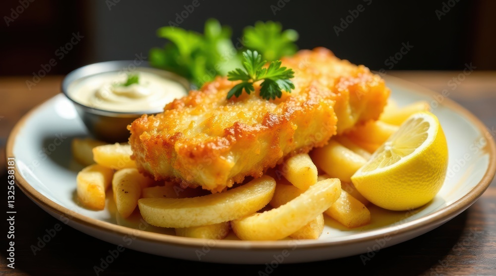 Golden-brown battered fish, served with crispy golden fries and creamy sauce, garnished with fresh herbs and a lemon wedge, a delightful culinary experience. Golden-brown battered fish, served with crispy golden fries and creamy sauce, garnished with fresh herbs and a lemon wedge, a delightful culinary experience.