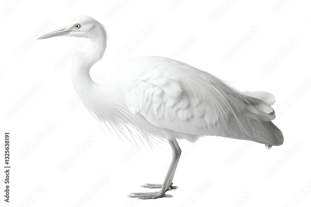 White heron bird with elegant feathers, standing on a white isolated background. White heron bird with elegant feathers, standing on a white isolated background.
