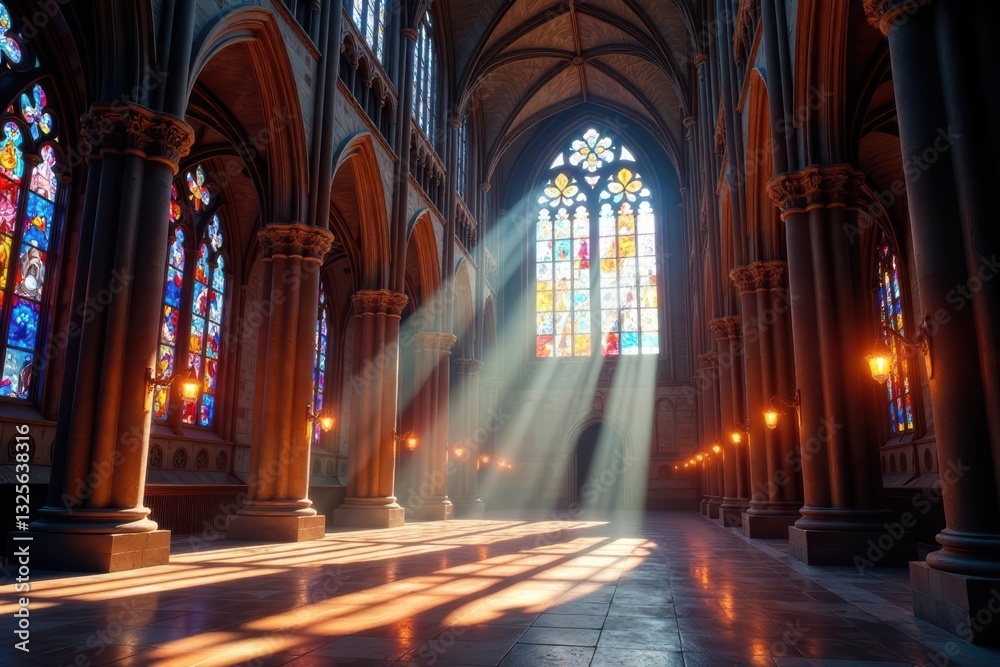 Fototapeta premium Sunbeams Illuminate Grand Cathedral Interior with Stained Glass Windows and Ornate Columns