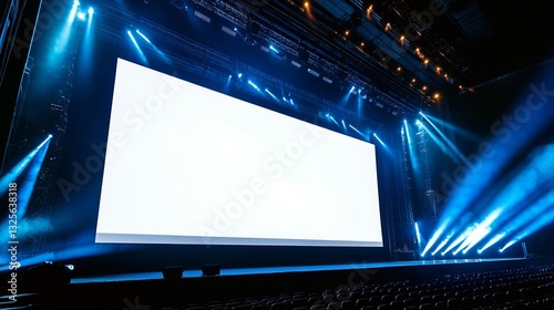 Large blank screen on a dark stage with blue lighting, ready for a presentation or event.