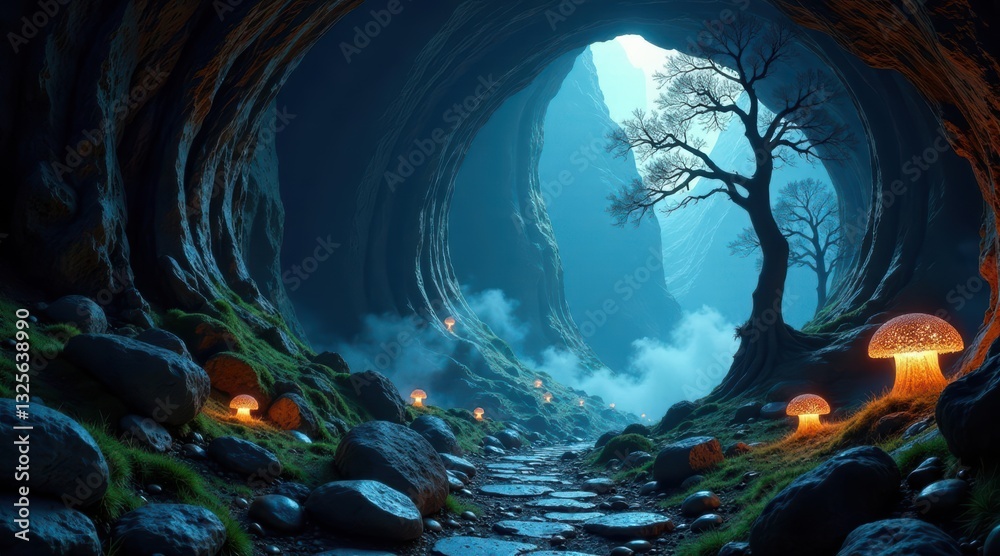 Enchanted Cave Path Illuminated by Glowing Fungi, Leading to a Mystical Valley Beyond Enchanted Cave Path Illuminated by Glowing Fungi, Leading to a Mystical Valley Beyond