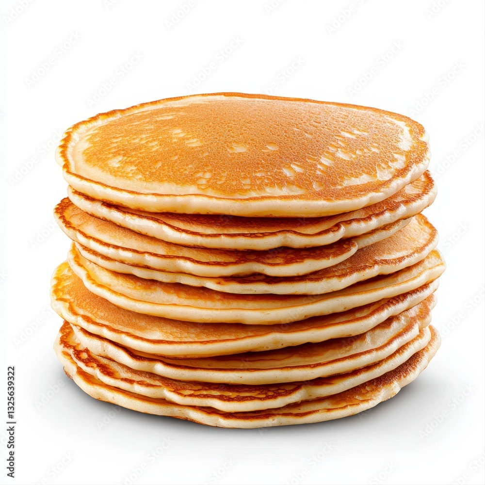 High Angle View of a Stack of Golden Brown Pancakes on a White Background High Angle View of a Stack of Golden Brown Pancakes on a White Background