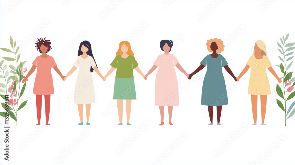Hand-in-Hand: A visually striking illustration depicts a diverse group of women holding hands, standing in solidarity amidst delicate floral accents, celebrating the strength of female connection. Hand-in-Hand: A visually striking illustration depicts a diverse group of women holding hands, standing in solidarity amidst delicate floral accents, celebrating the strength of female connection.