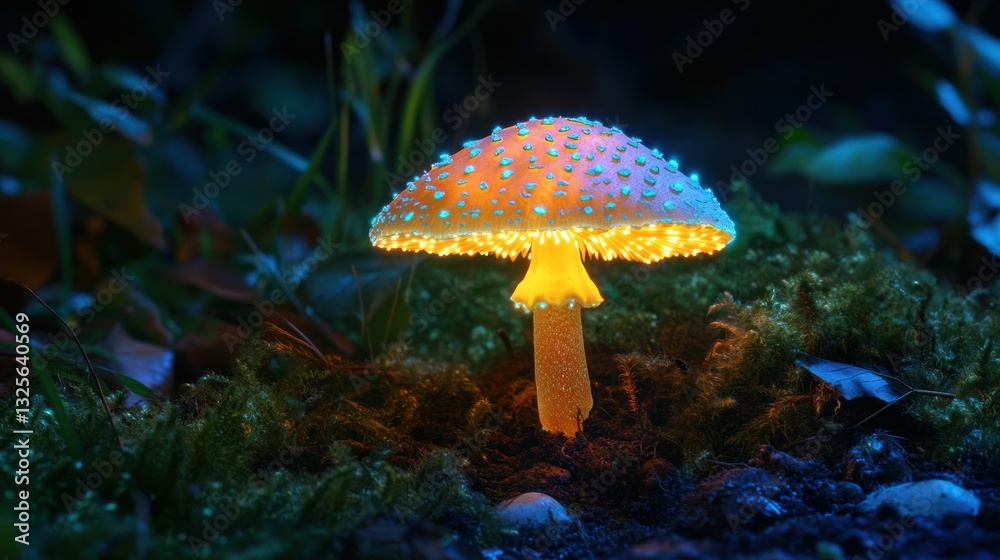 Fototapeta premium Illuminated mushroom in glowing forest floor