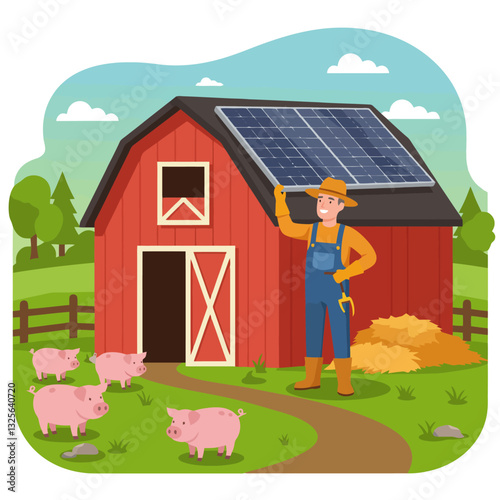 Farmer at Barn with Solar Panel and Pigs on Farm Land
