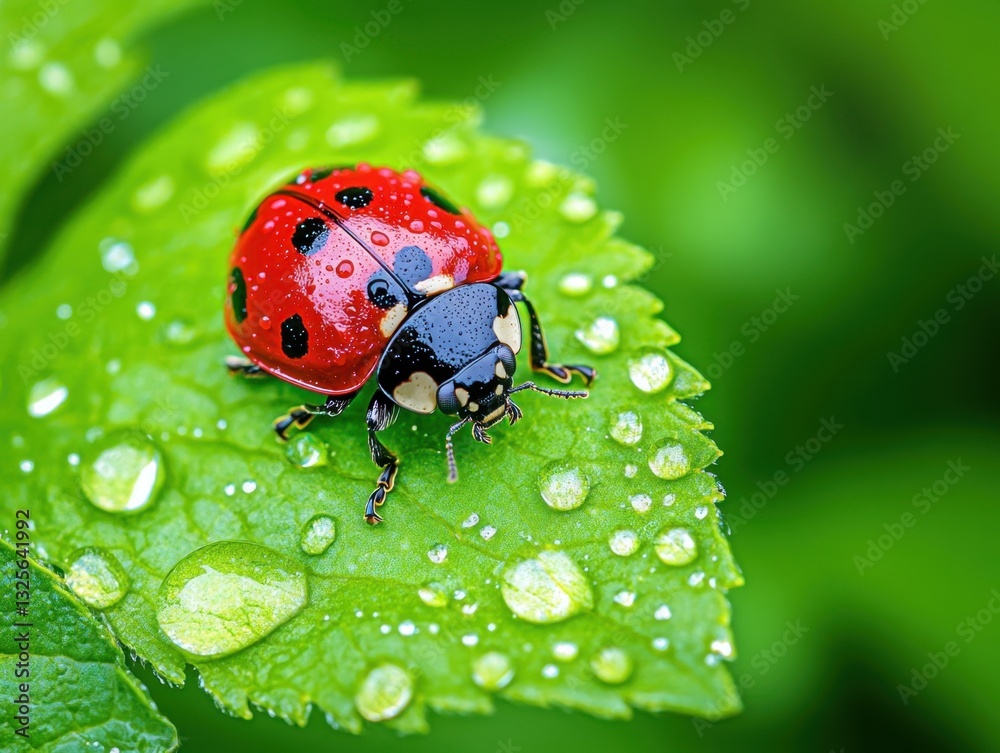 Fototapeta premium A vibrant ladybug rests on a green leaf, adorned with droplets of water, showcasing nature's intricate beauty and detail.