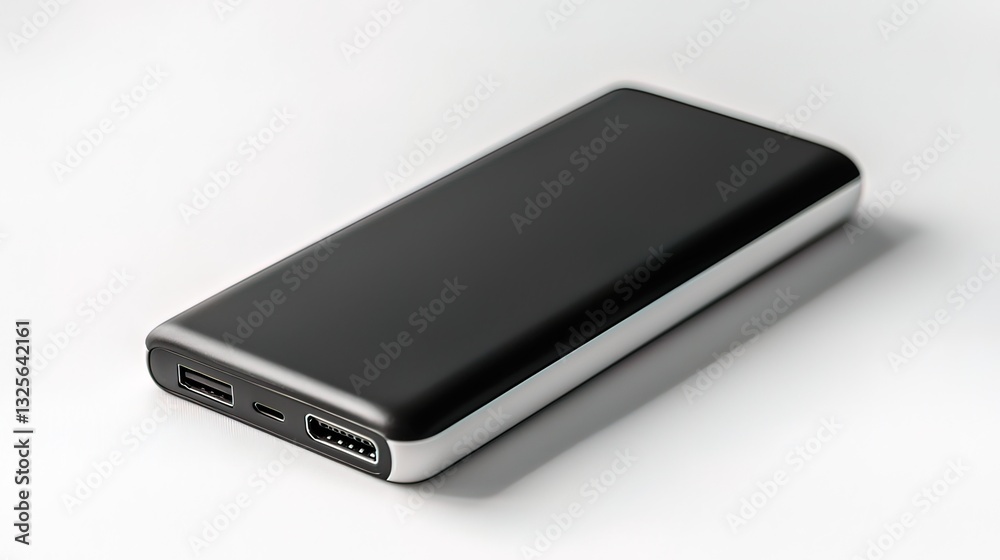 Black portable charger with silver edges on white background. Black portable charger with silver edges on white background.