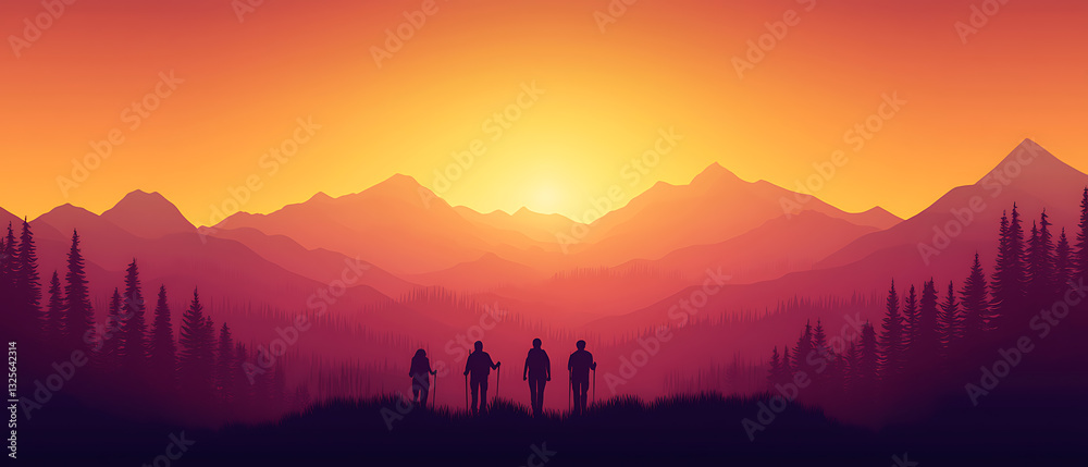 Fototapeta premium Hiking adventure at sunset majestic mountains landscape photography serene environment wide-angle view exploration concept