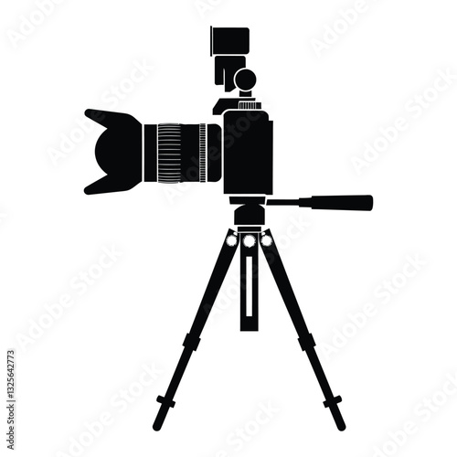 Camera on a tripod Silhouette, Vector, Icon, Logo, White Background.